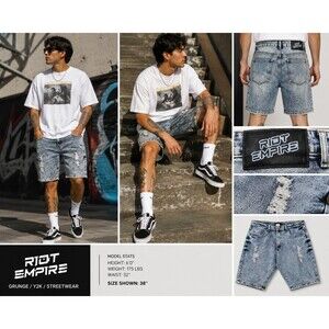 Riot Empire Men's 38 Distressed Denim Shorts Grunge Y2K Streetwear Acid Wash